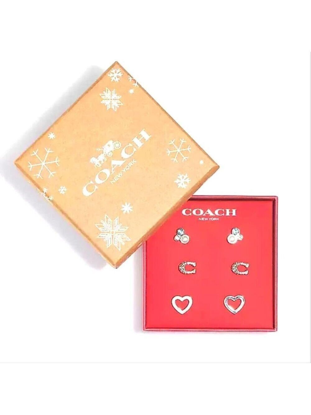 COACH HEART EARRINGS SET SILVER BLUE STONE 3 PAIRS